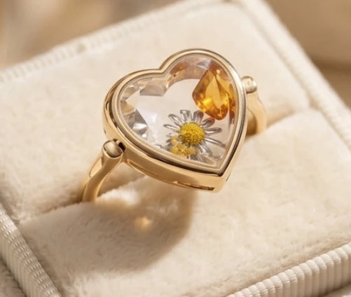 Memory Locket Heart-Shaped Ring with Faceted Crystal in gold plated