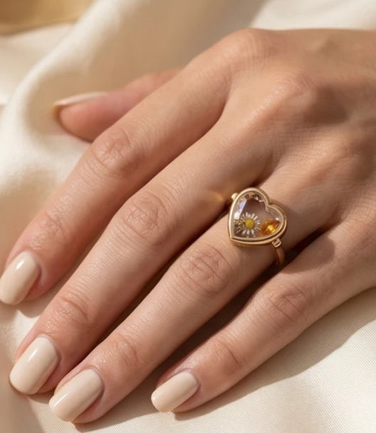 Memory Locket Heart-Shaped Ring with Faceted Crystal in gold plated