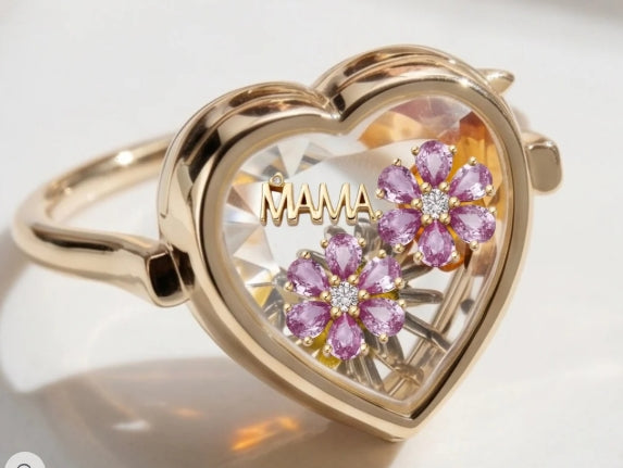Memory Locket Heart-Shaped Ring with Faceted Crystal in gold plated