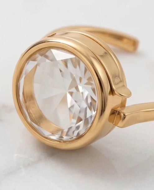 Memory Locket Oval Ring with Faceted Crystal in gold plated