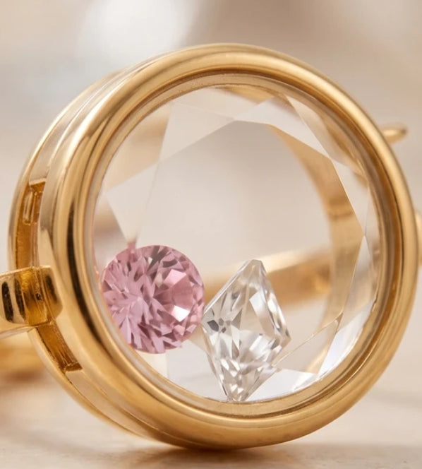 Memory Locket Oval Ring with Faceted Crystal in gold plated