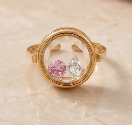 Memory Locket Oval Ring with Faceted Crystal in gold plated
