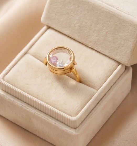 Memory Locket Oval Ring with Faceted Crystal in gold plated
