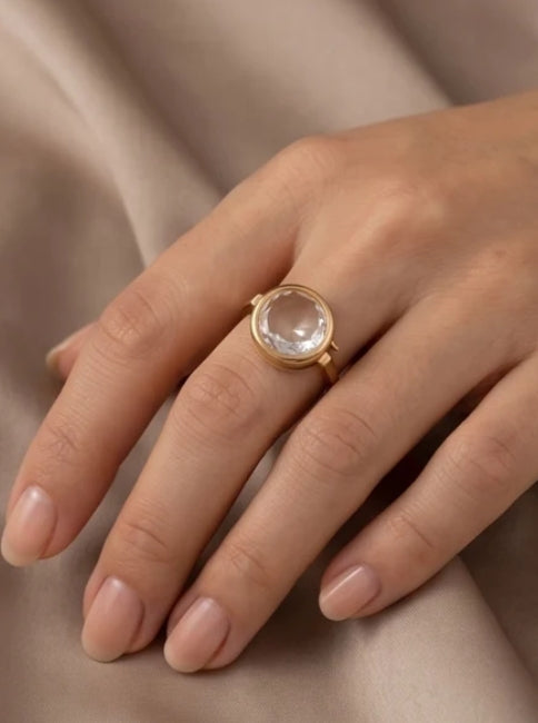 Memory Locket Oval Ring with Faceted Crystal in gold plated